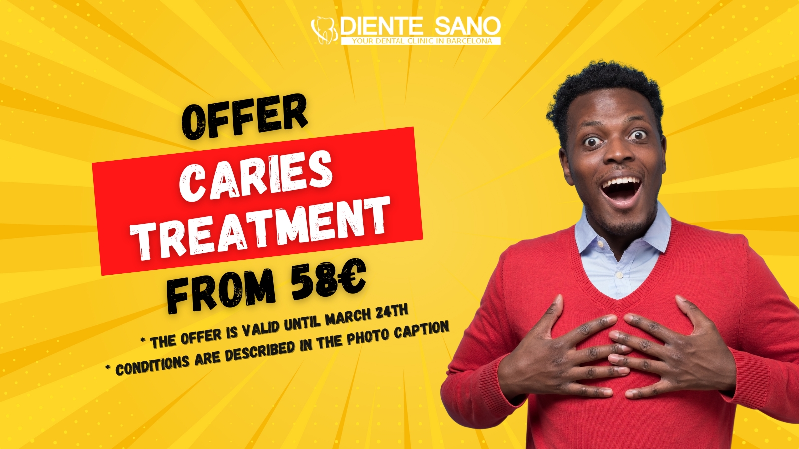 Discover affordable and quality care for your smile at Diente Sano, Barcelona! We offer a special deal on caries treatment starting at 58 euros. This is your chance to get rid of caries and prevent its further development, restoring the health and beauty of your teeth.