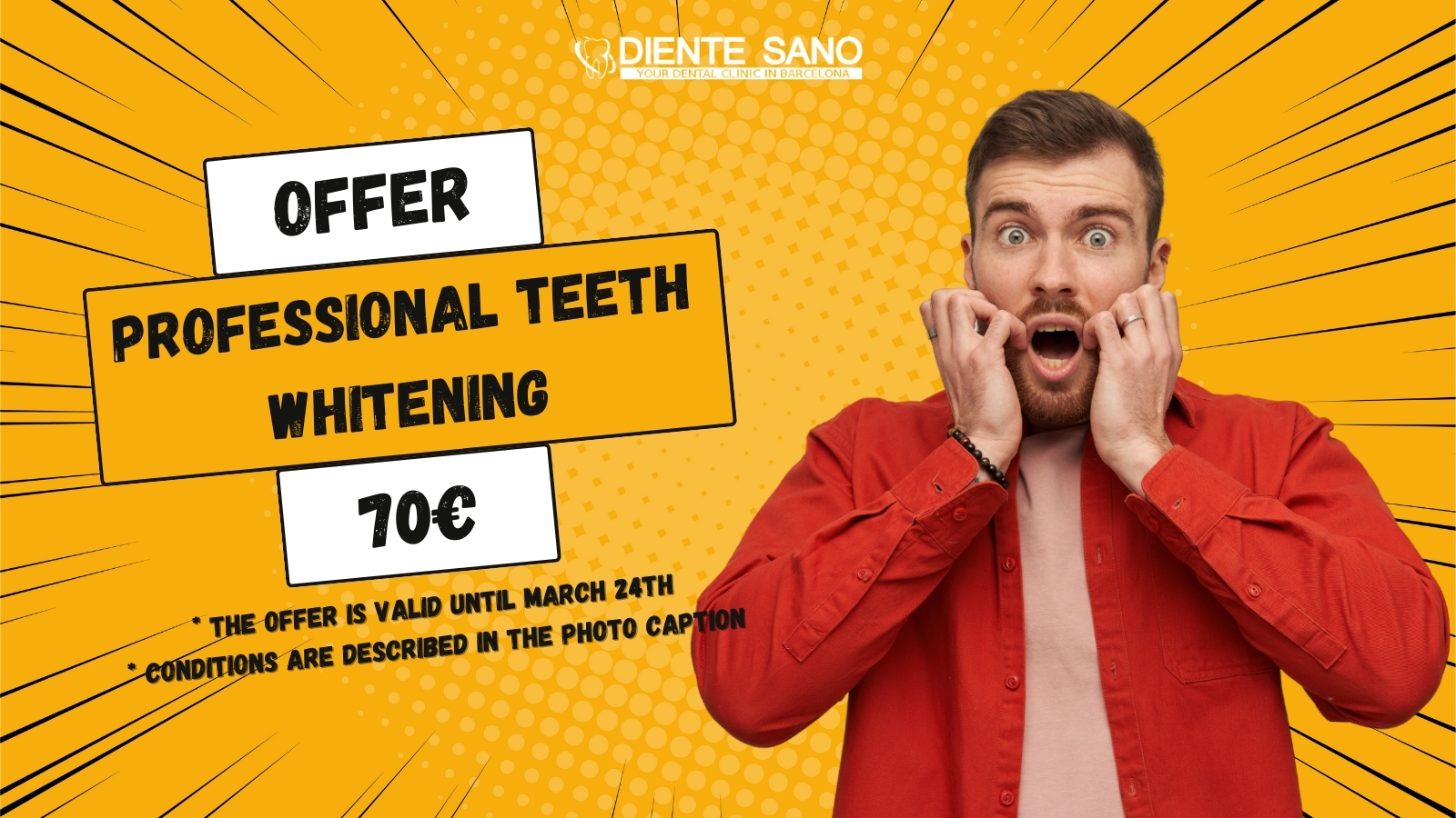 Light up your smile with a new glow with the brilliant offer from Diente Sano Dental Clinic in Barcelona! Seize this unique opportunity to make your smile even brighter and more attractive thanks to professional whitening at our clinic for just 70 euros!