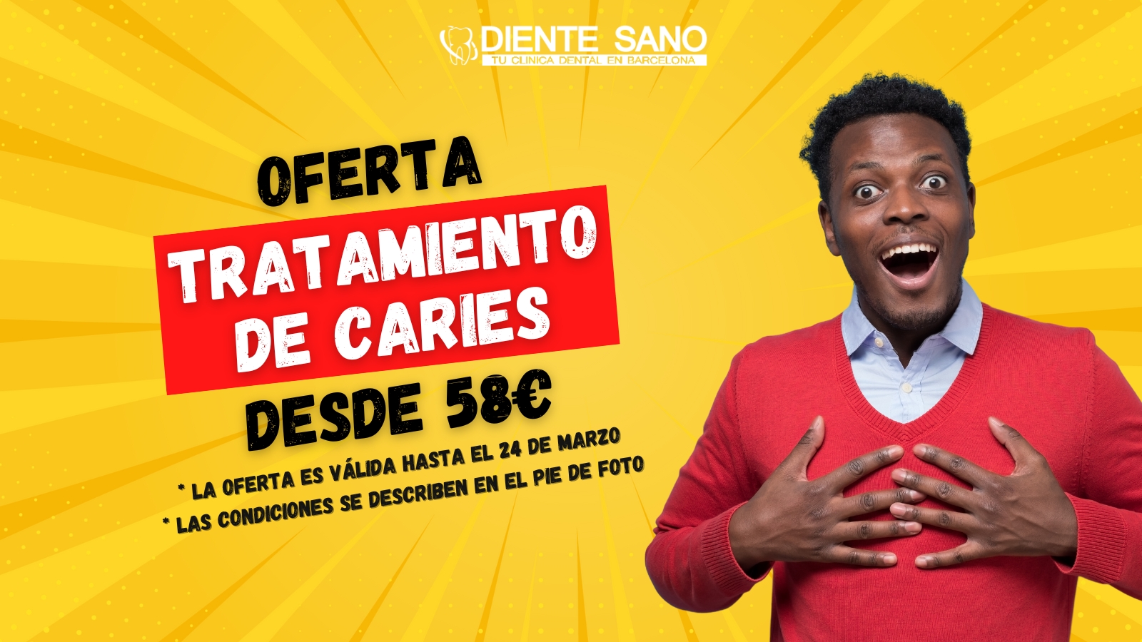 Descubre un cuidado accesible y de calidad para tu sonrisa en Diente Sano, Barcelona. Te ofrecemos una oferta especial en el tratamiento de caries a partir de 58 euros. Esta es tu oportunidad de deshacerte de la caries y prevenir su desarrollo futuro, restaurando la salud y belleza de tus dientes.