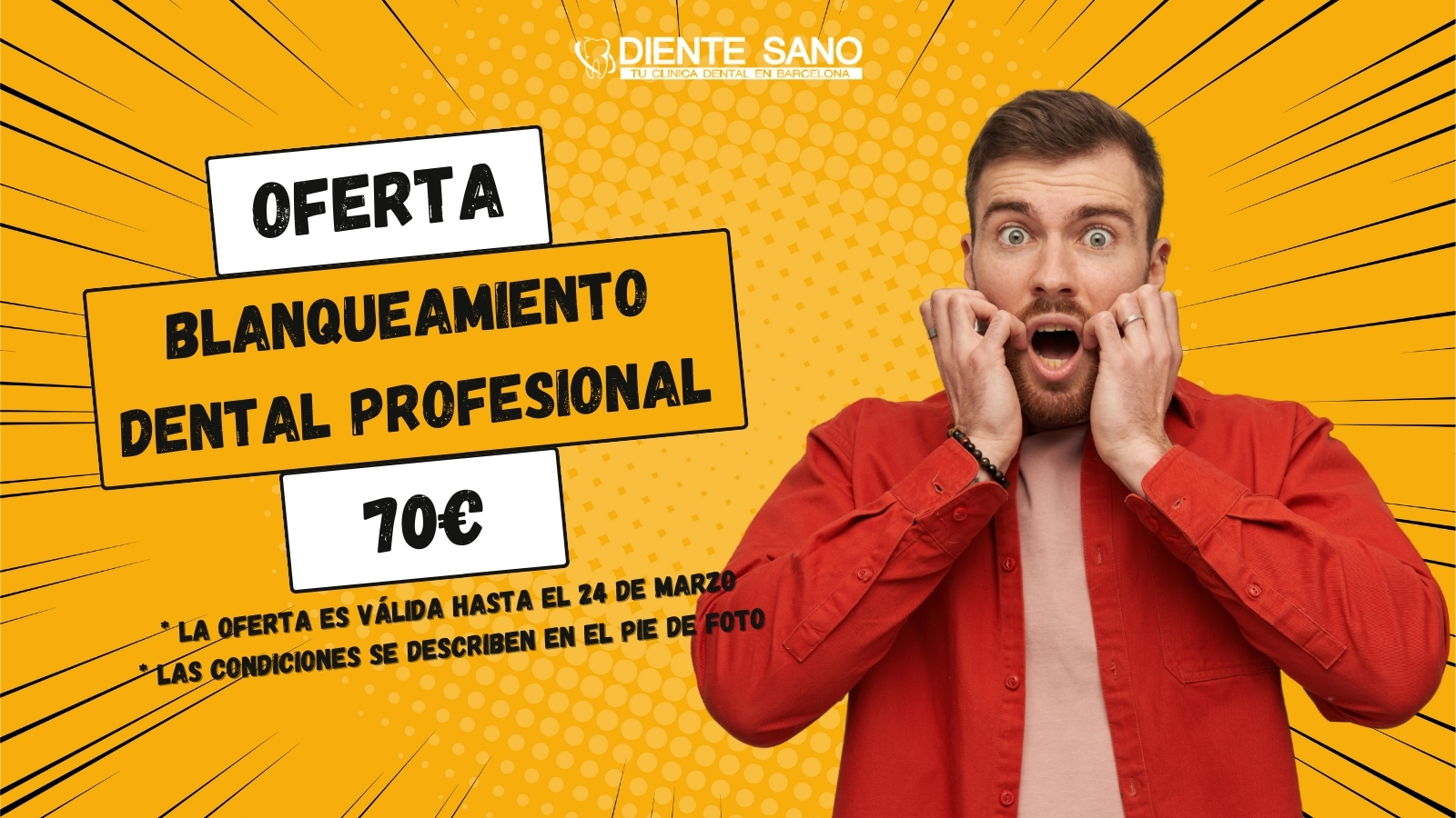 Ilumina tu sonrisa con una nueva luz con la brillante oferta de la clínica dental Diente Sano en Barcelona. ¡Aprovecha esta oportunidad única para hacer tu sonrisa aún más brillante y atractiva gracias al blanqueamiento profesional en nuestra clínica por solo 70 euros!