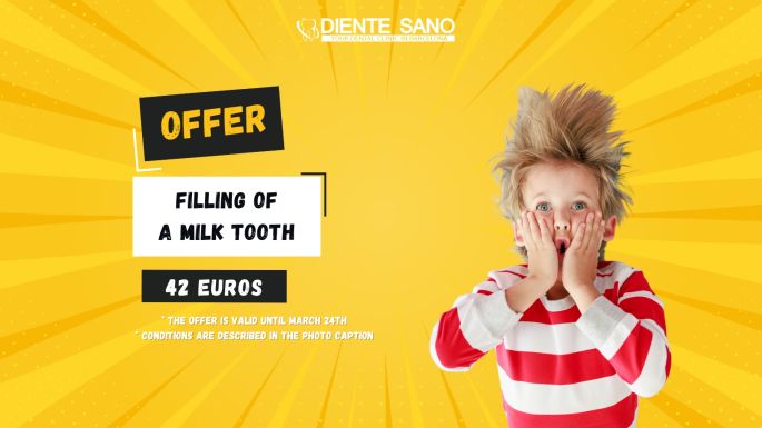Filling of a milk tooth - for only 42 euros! Give your child a smile of health and happiness with exclusive offers from Diente Sano Dental Clinic in Barcelona! Understanding the importance of caring for baby teeth, we offer a special promotion focused on the care and protection of your child's smile.